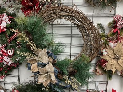 Wreath Grapevine Gold Poinsettia with Blue Joy Ribbon 23 inch