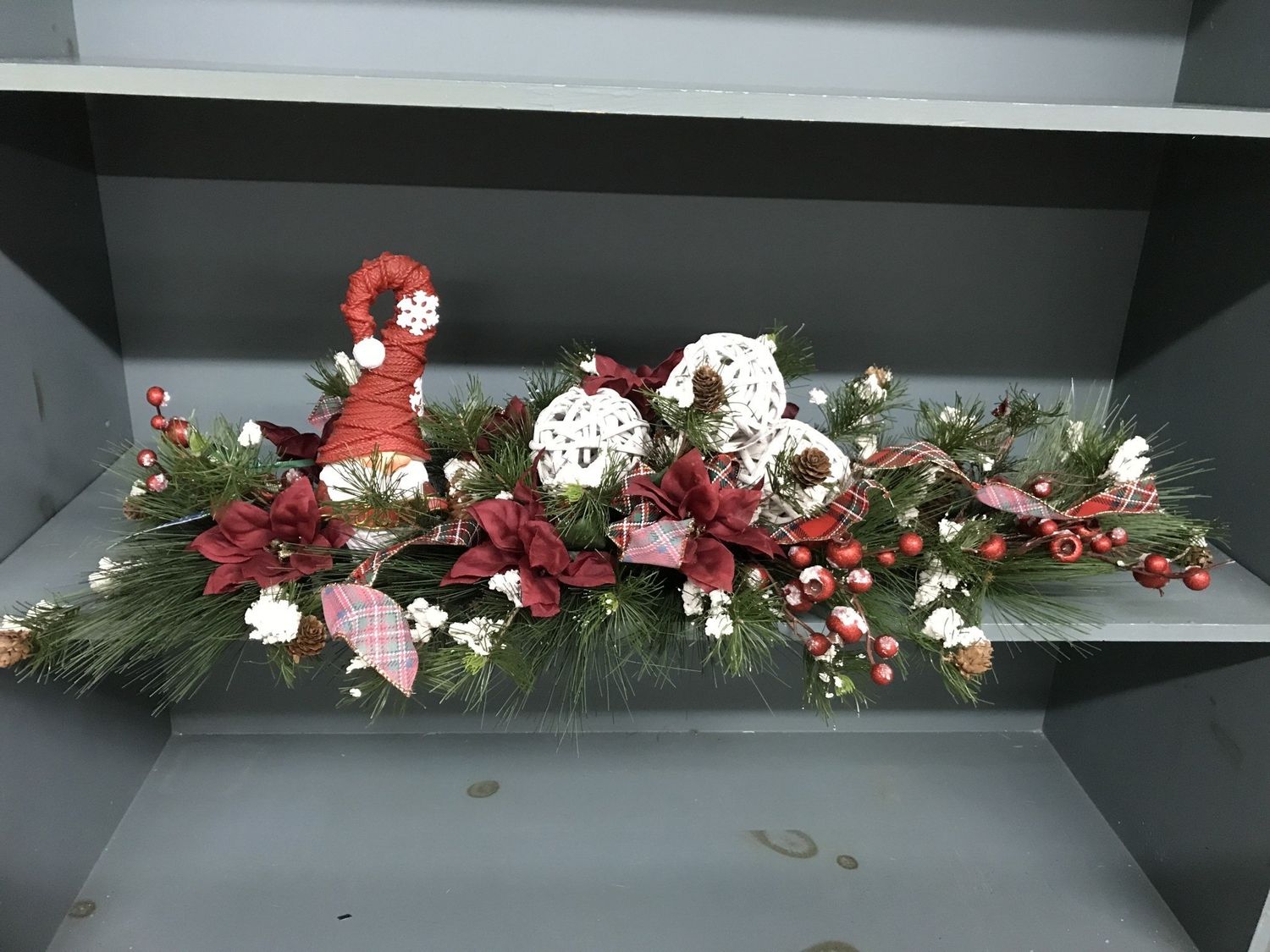 Swag Table Top Evergreen w/Berries, Pinecones and Plaid Ribbon