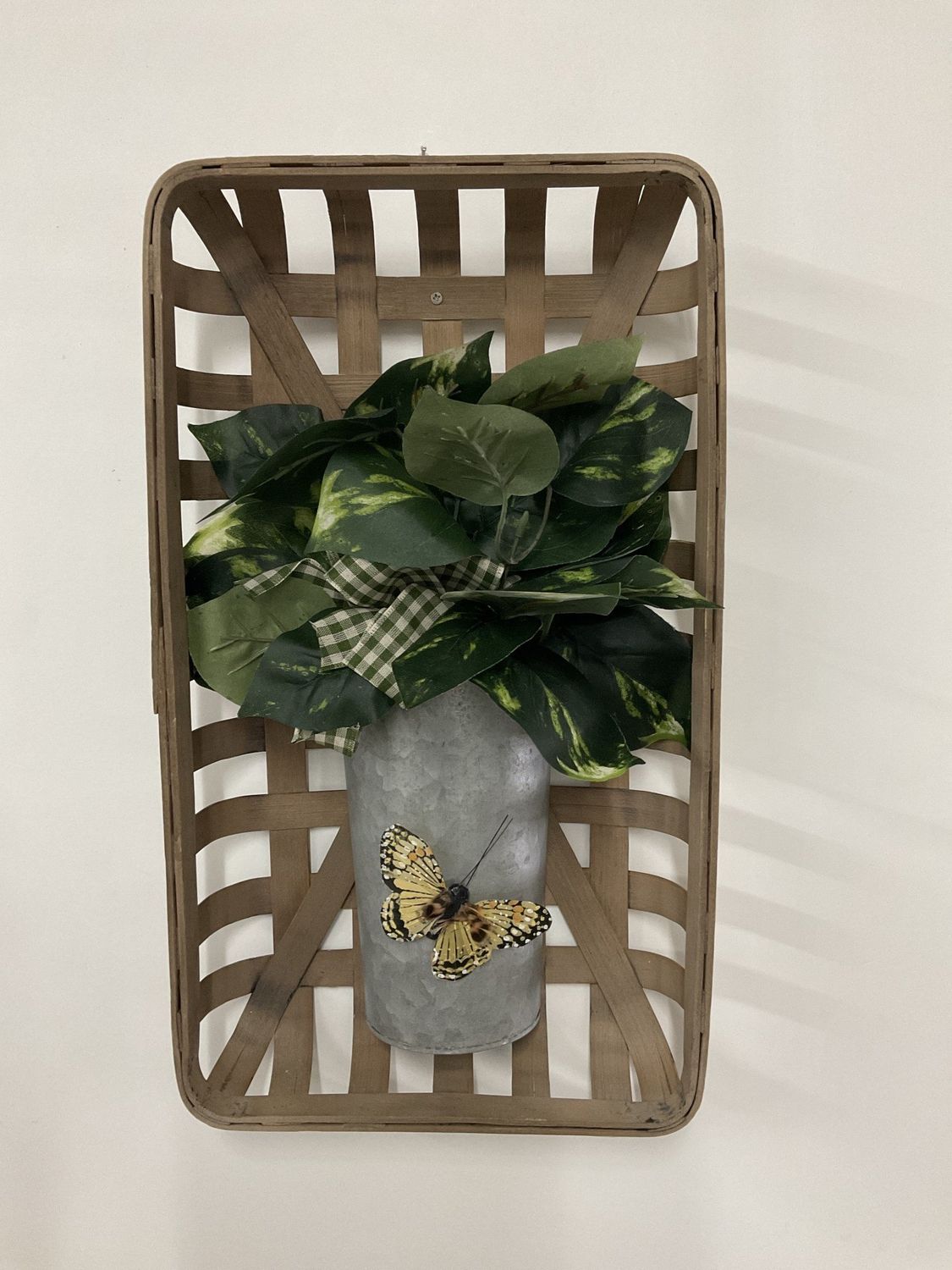 Wall Hanging Tobacco Basket w/Metal Container, Greenery and Green Ribbon