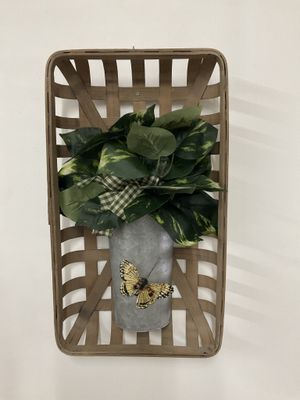 Wall Hanging Tobacco Basket w/Metal Container, Greenery and Green Ribbon