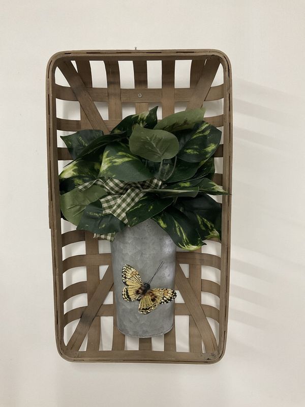 Wall Hanging Tobacco Basket w/Metal Container, Greenery and Green Ribbon