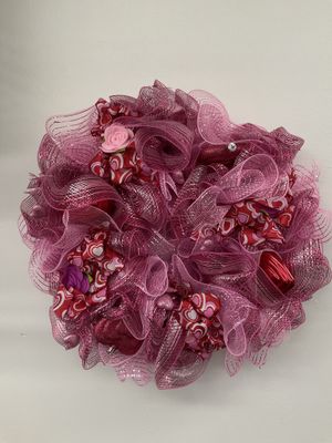 Wreath Mesh Pink with Roses, Hearts and Red Heart Ribbon