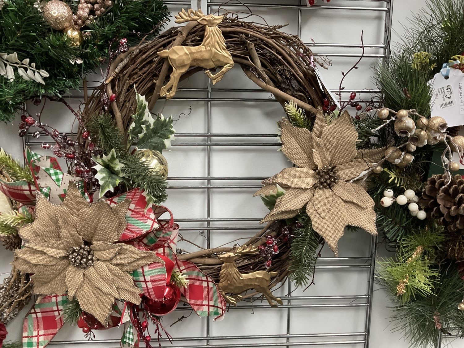 Wreath Grapevine with Gold Reindeer, Burlap Poinsettias and Red Plaid Ribbon