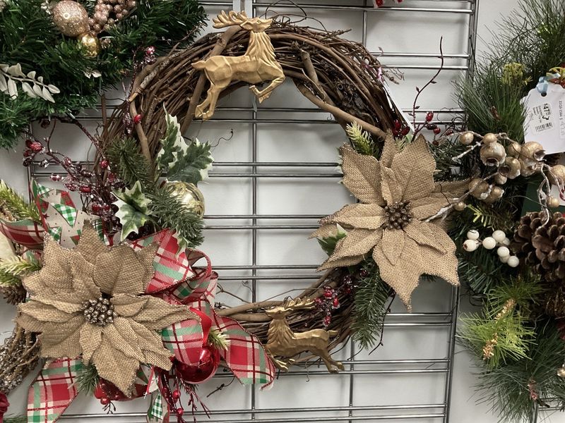 Wreath Grapevine with Gold Reindeer, Burlap Poinsettias and Red Plaid Ribbon