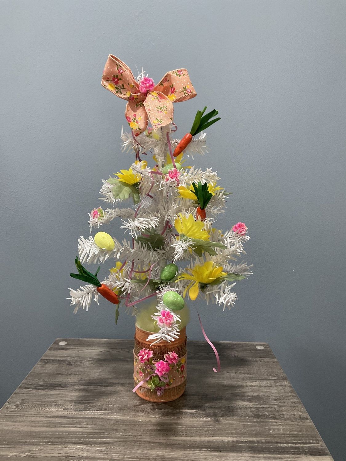 Centerpiece Easter Tree White 10x18 Pink Flowers w/Orange Flowered Ribbon