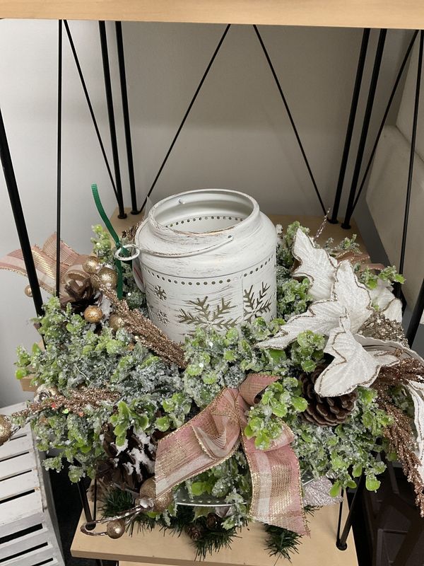 Centerpiece White Snowflake Lantern w/Greenery and Gold Accents