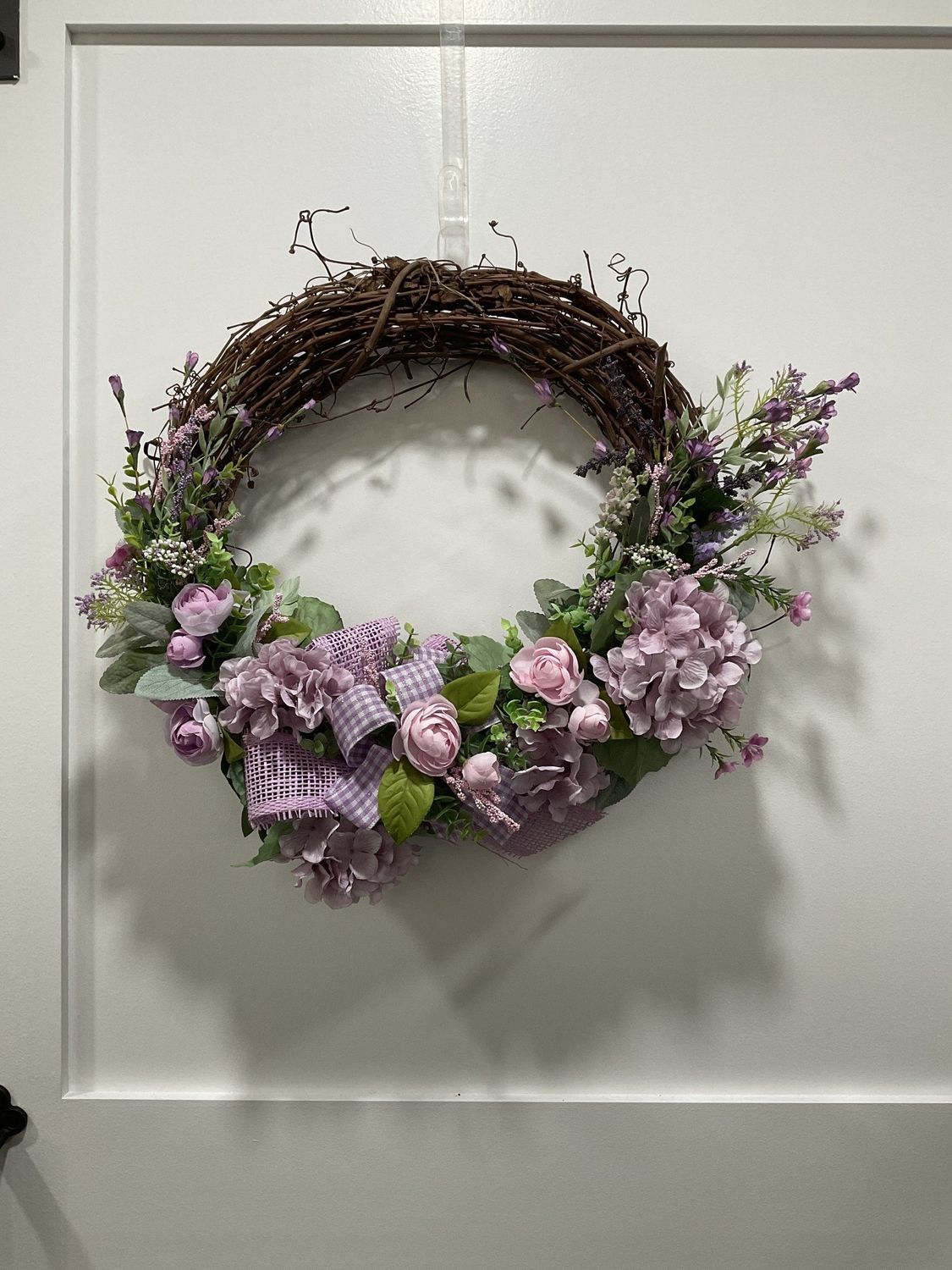 Wreath Grapevine 18 in-Purple Flowers w/Purple Check Bow Burlap