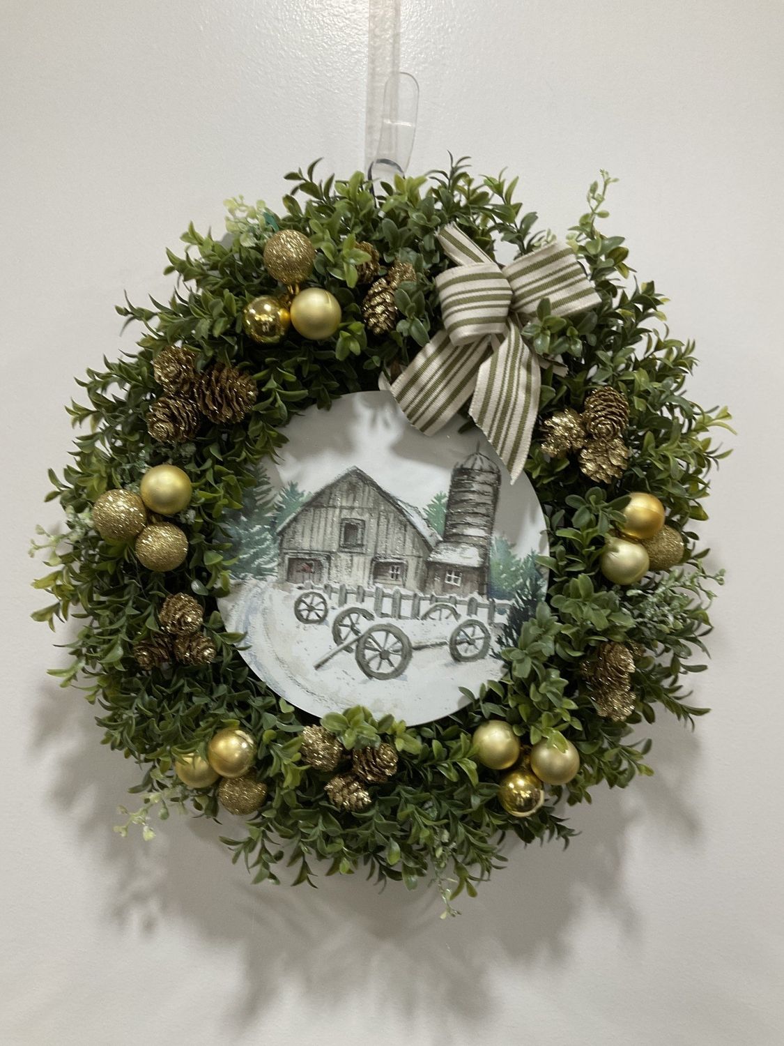 Wreath Boxwood 16 in-Barn Snow Scenery w/Gold Ornaments and Green Striped Ribbon