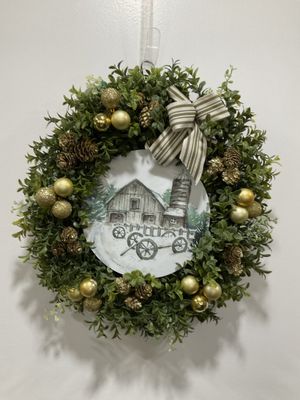 Wreath Boxwood 16 in-Barn Snow Scenery w/Gold Ornaments and Green Striped Ribbon