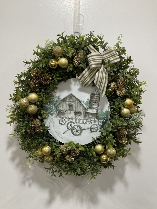 Wreath Boxwood 16 in-Barn Snow Scenery w/Gold Ornaments and Green Striped Ribbon