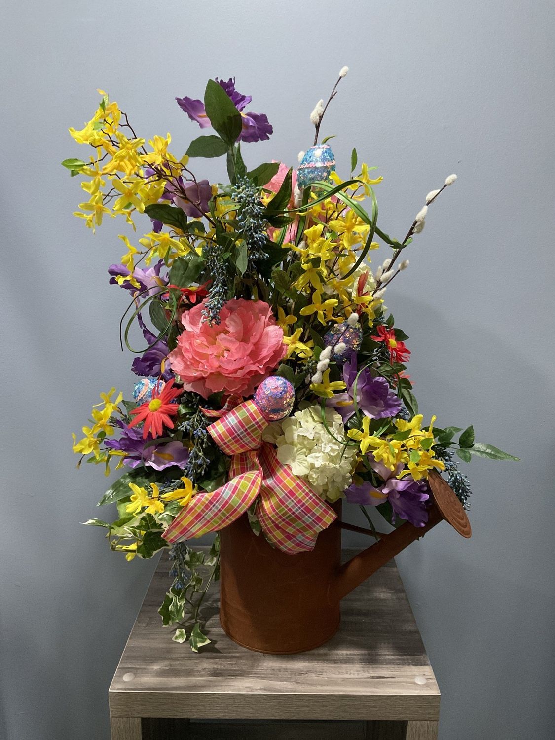 Centerpiece Spring Rusty Watering Can 20x30 w/Flowers Eggs and Pink Plaid Ribbon