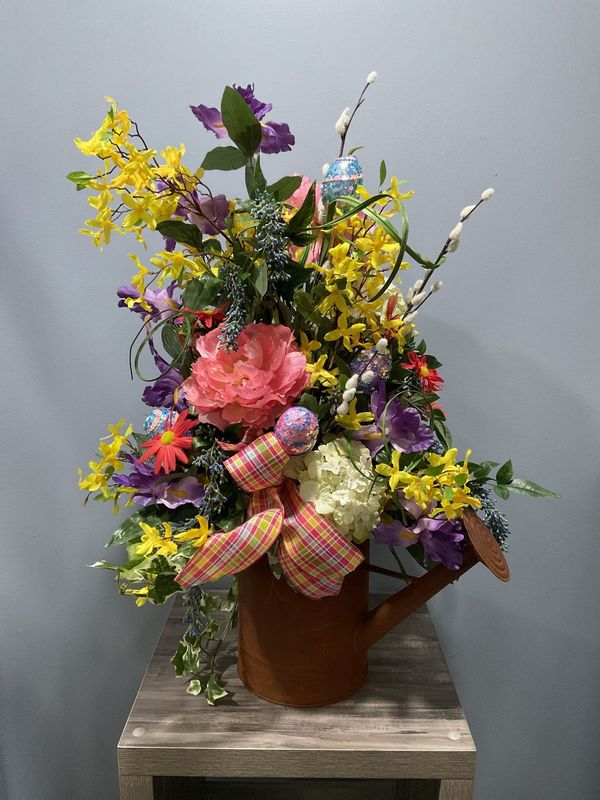 Centerpiece Spring Rusty Watering Can 20x30 w/Flowers Eggs and Pink Plaid Ribbon