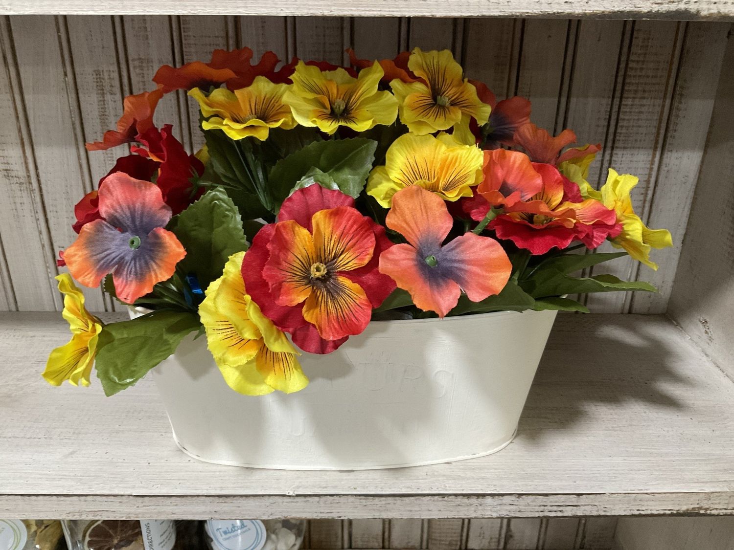 Centerpiece White Planter 12x10 Red, Orange and Yellow Pansies