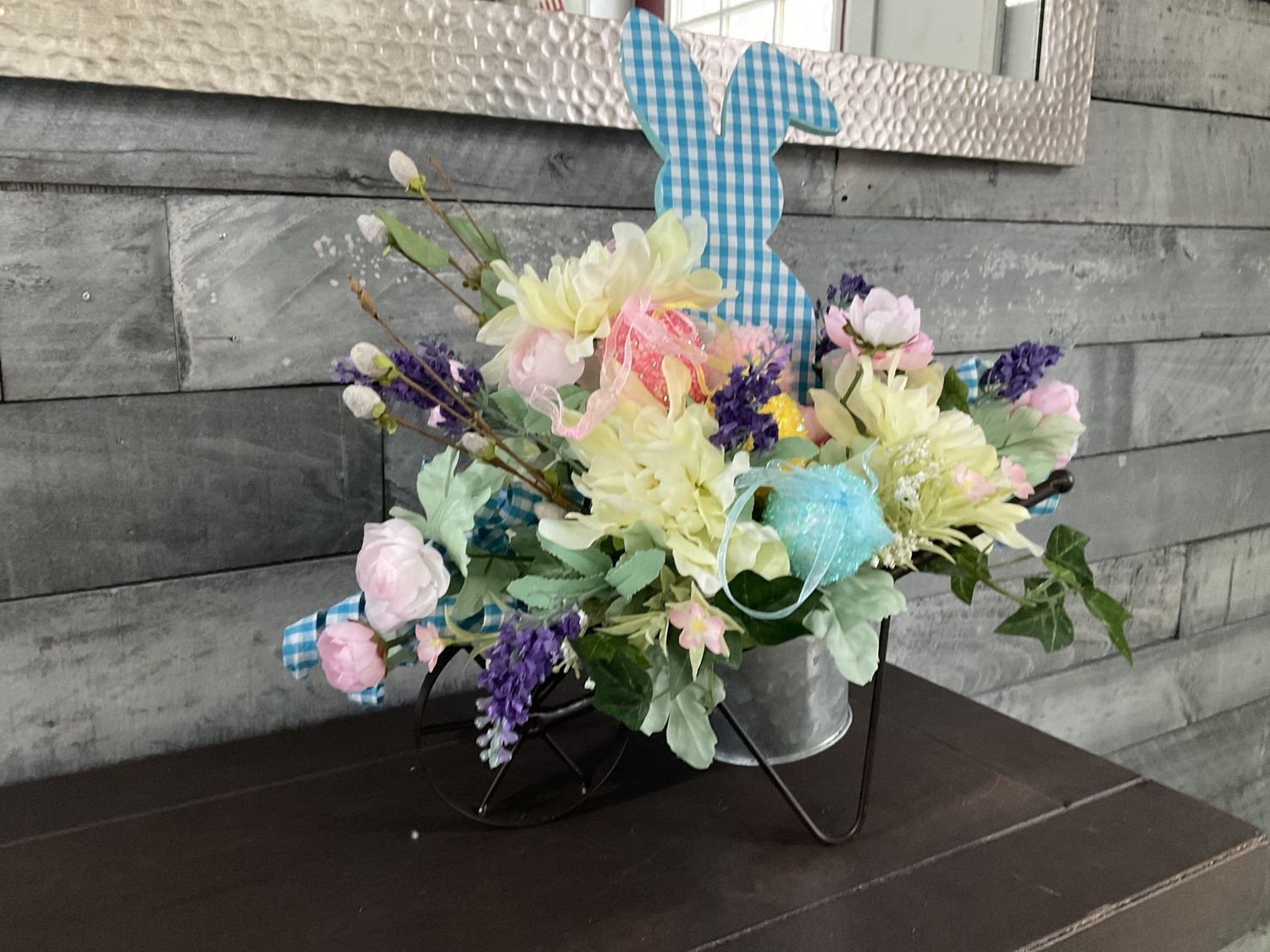 Centerpiece Easter Wheelbarrow Blue Gingham Bunny and Flowers