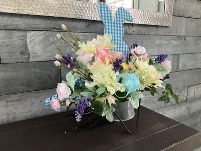 Centerpiece Easter Wheelbarrow Blue Gingham Bunny and Flowers