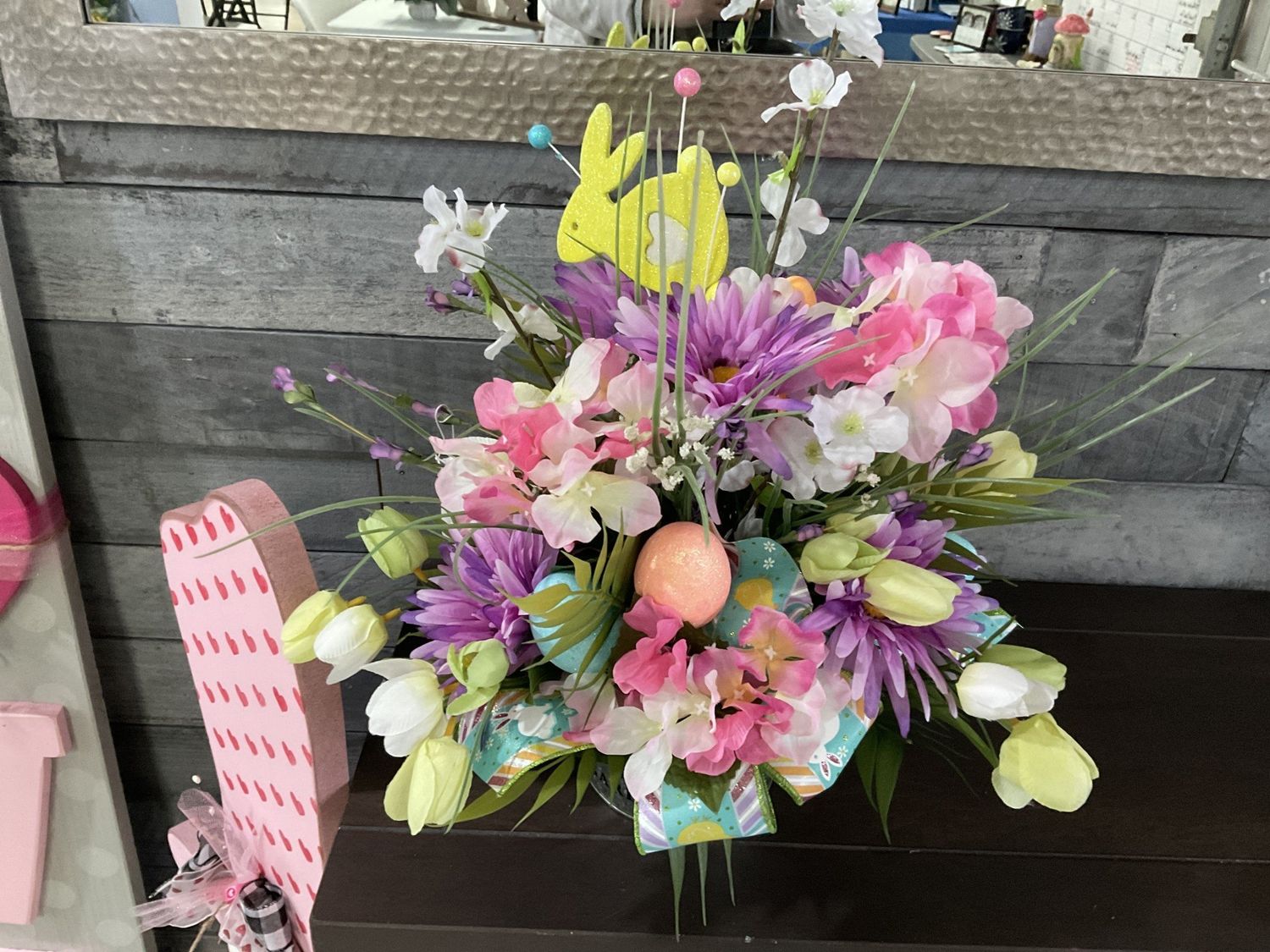 Centerpiece Easter Yellow Bunny, Eggs and Pink and Purple Flowers