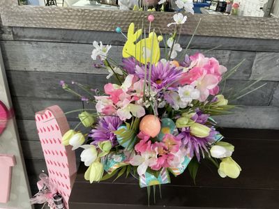 Centerpiece Easter Yellow Bunny, Eggs and Pink and Purple Flowers