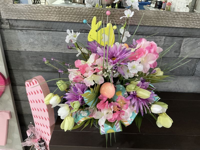 Centerpiece Easter Yellow Bunny, Eggs and Pink and Purple Flowers