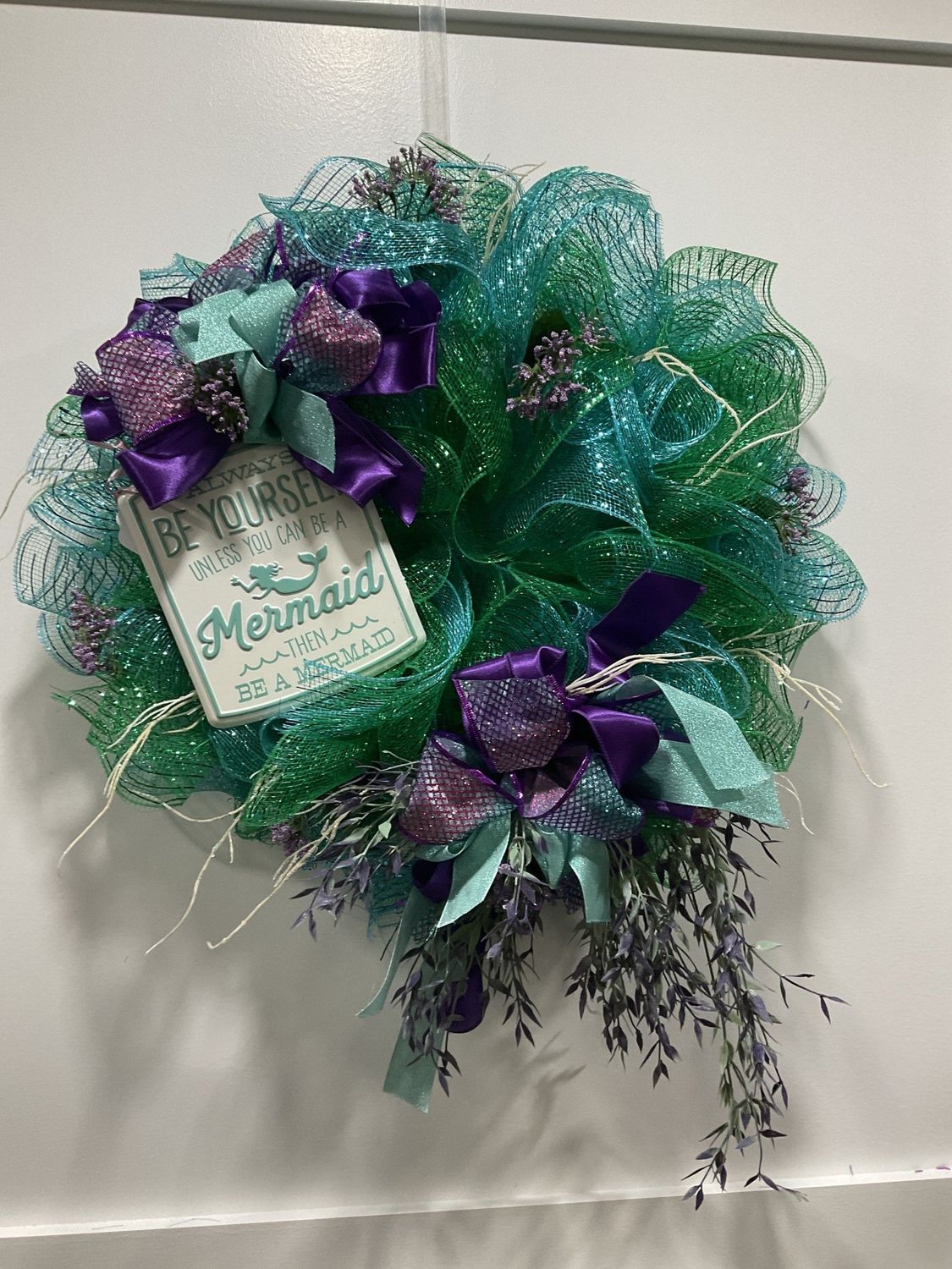 Wreath Mesh 23 in-Green and Blue &quot;Mermaid&quot; w/Purple Ribbon