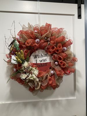 Wreath Mesh 28 in-Tan and Orange &quot;Wishing I Was Fishing&quot; w/Fish and Bobbers and Fish Ribbon