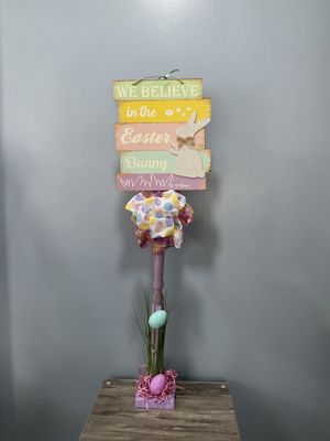621 Standing Sign 37 in-Purple w/&quot;We Believe In The Easter Bunny&quot; and Pink Plaid and Egg Ribbons