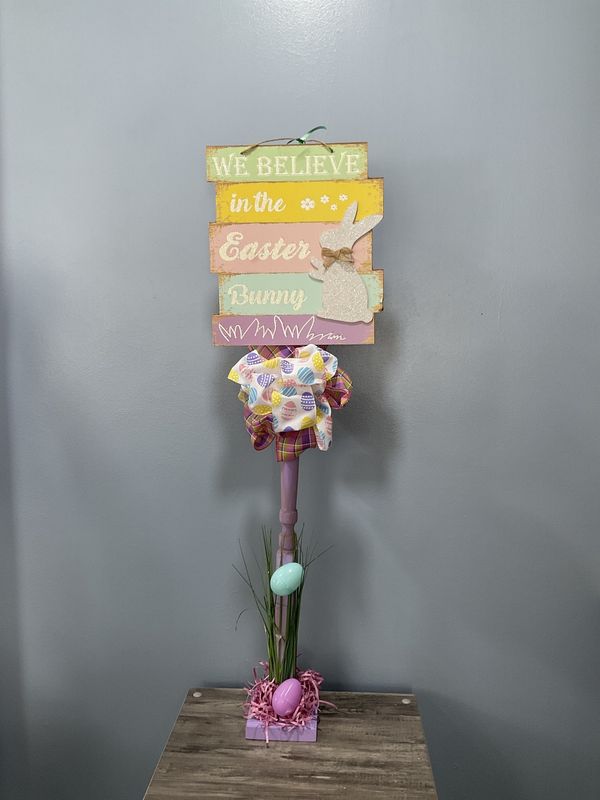 621 Standing Sign 37 in-Purple w/&quot;We Believe In The Easter Bunny&quot; and Pink Plaid and Egg Ribbons