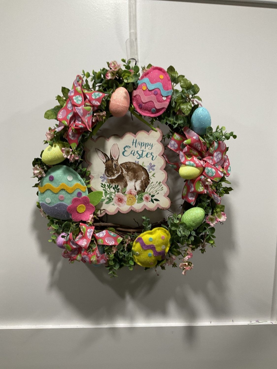 384 Wreath Grapevine 24 in-Bunny &quot;Happy Easter&quot; w/Easter Eggs and Pink Egg Ribbon