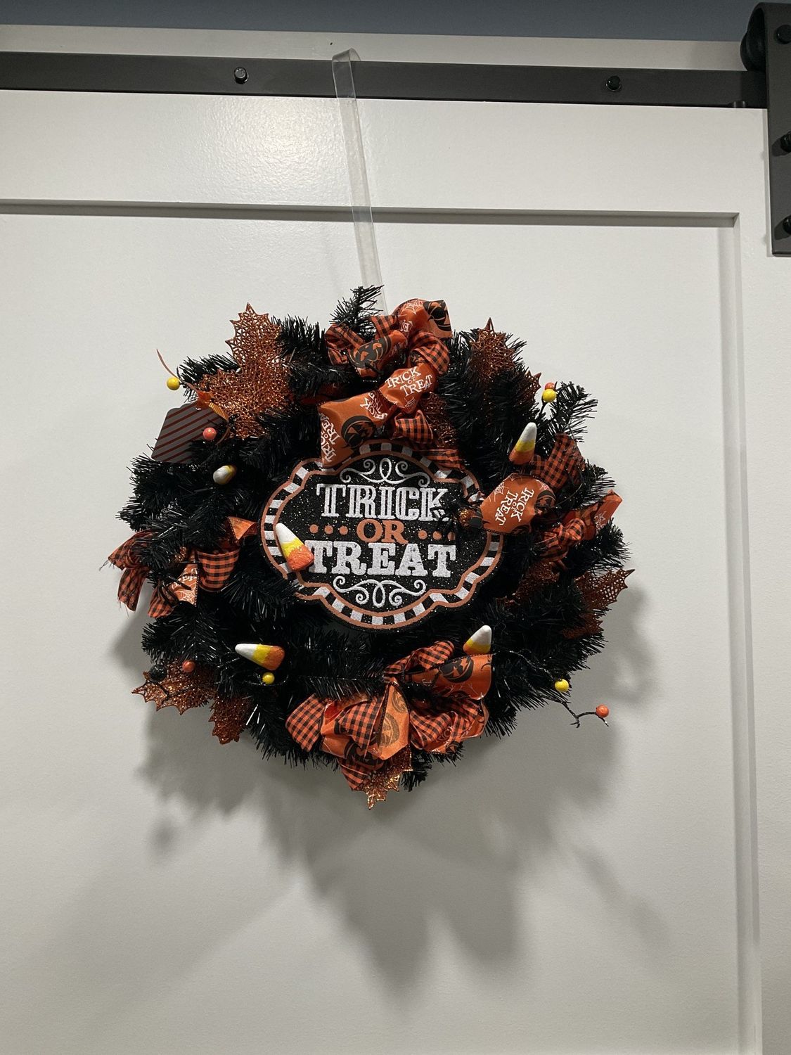 1794 Wreath Evergreen Black 21 in-&quot;Trick or Treat&quot; w/Candy Corn and Trick or Treat Ribbon