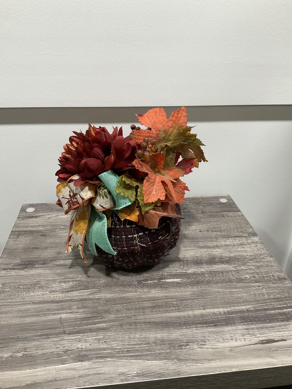 Pumpkin Styrofoam 6x11 Brown w/Red Flower and Burlap Leaf Ribbon