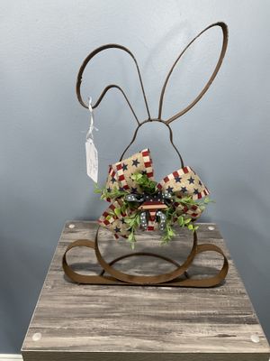 Centerpiece Metal Rabbit 13x20-Stars and Stripes Burlap Ribbon