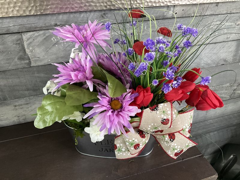 Centerpiece Silver Container Lady Bugs, Pink, Red and Purple Flowers w/ Lady Bug Ribbon