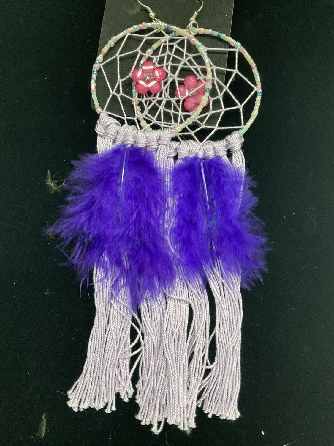E233 Earrings Dream Catcher-Lavendar, Pink Daisies w/Purple Feathers