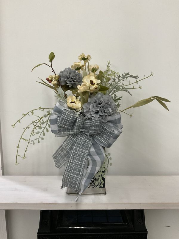 Cheese Grater w/Gray and Cream Flowers and Gray Ribbon