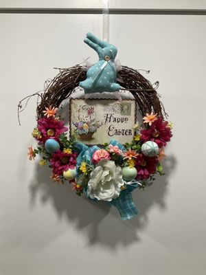 372 Wreath Grapevine 16 in-&quot;Happy Easter&quot; w/Blue Bunny and Easter Eggs and White Flower