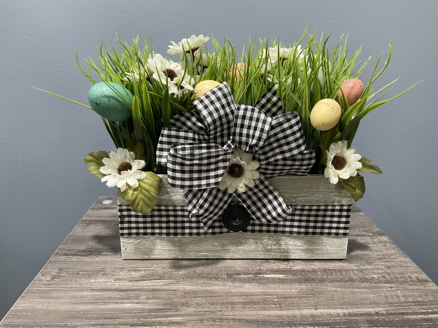 Centerpiece Box 10x10 Eggs, Flowers and Black Gingham Ribbon