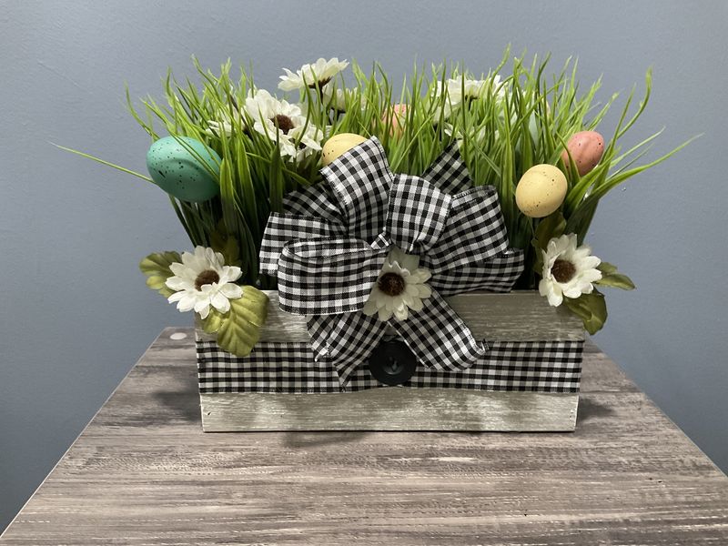 Centerpiece Box 10x10 Eggs, Flowers and Black Gingham Ribbon