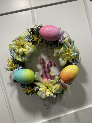 254 Wreath Grapevine 20 in-Pink Check Bunny w/Large Glittery Easter Eggs and Egg Ribbon