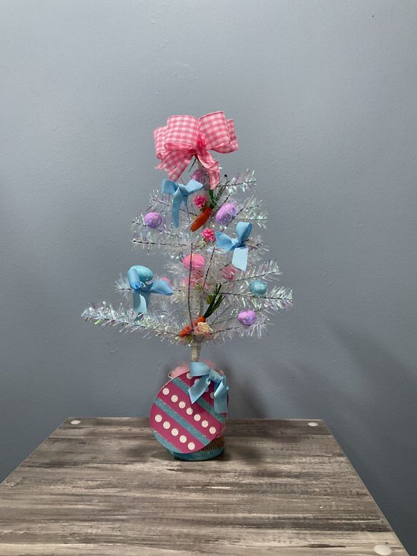 Centerpiece Easter Tree Iridescent 10x18 Blue and Pink Egg w/Pink Gingham Ribbon