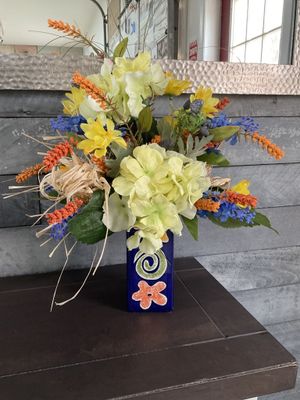 Centerpiece Blue Vase w/Yellow, Blue and Orange Flowers