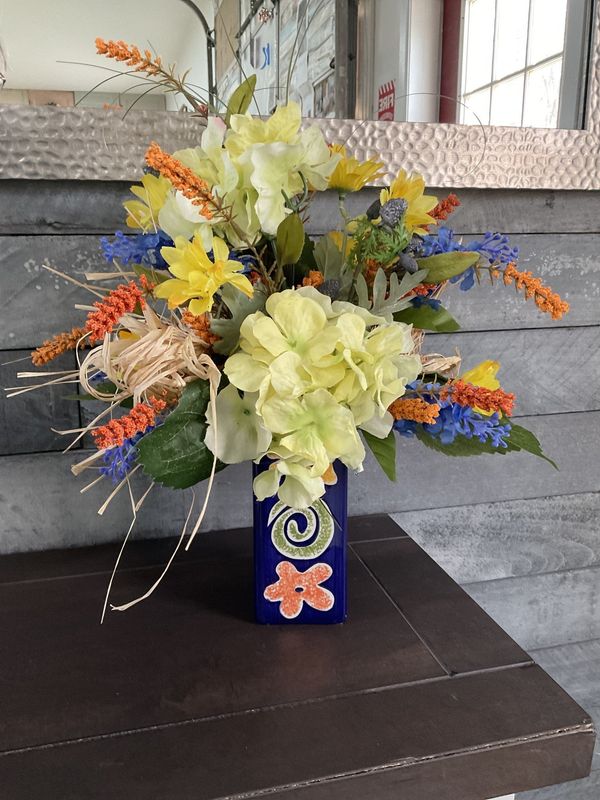 Centerpiece Blue Vase w/Yellow, Blue and Orange Flowers