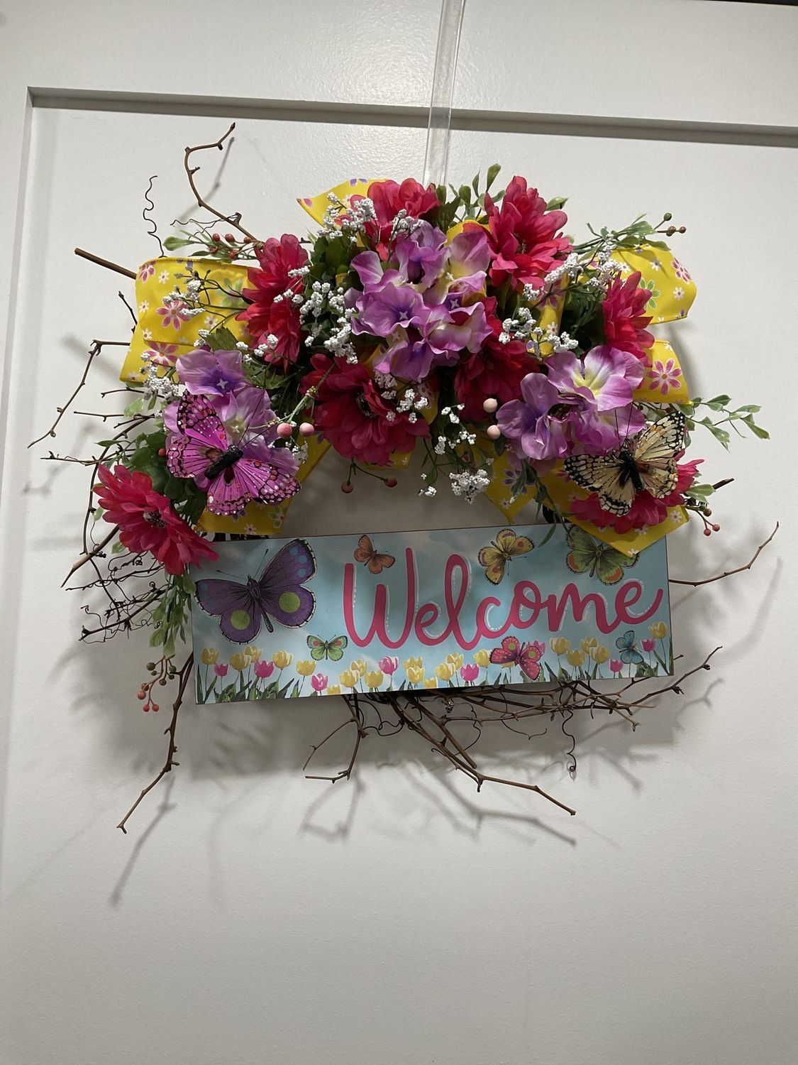 Grapevine Wreath &quot;Welcome&quot; with Colorful Flowers and Butterflies