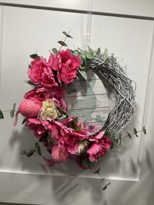 ff White Grapevine Wreath w Rabbit &amp; Pink Flowers