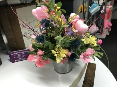 Centerpiece Valentines Silver Bucket Yellow and Purple Flowers w/Pink Hearts