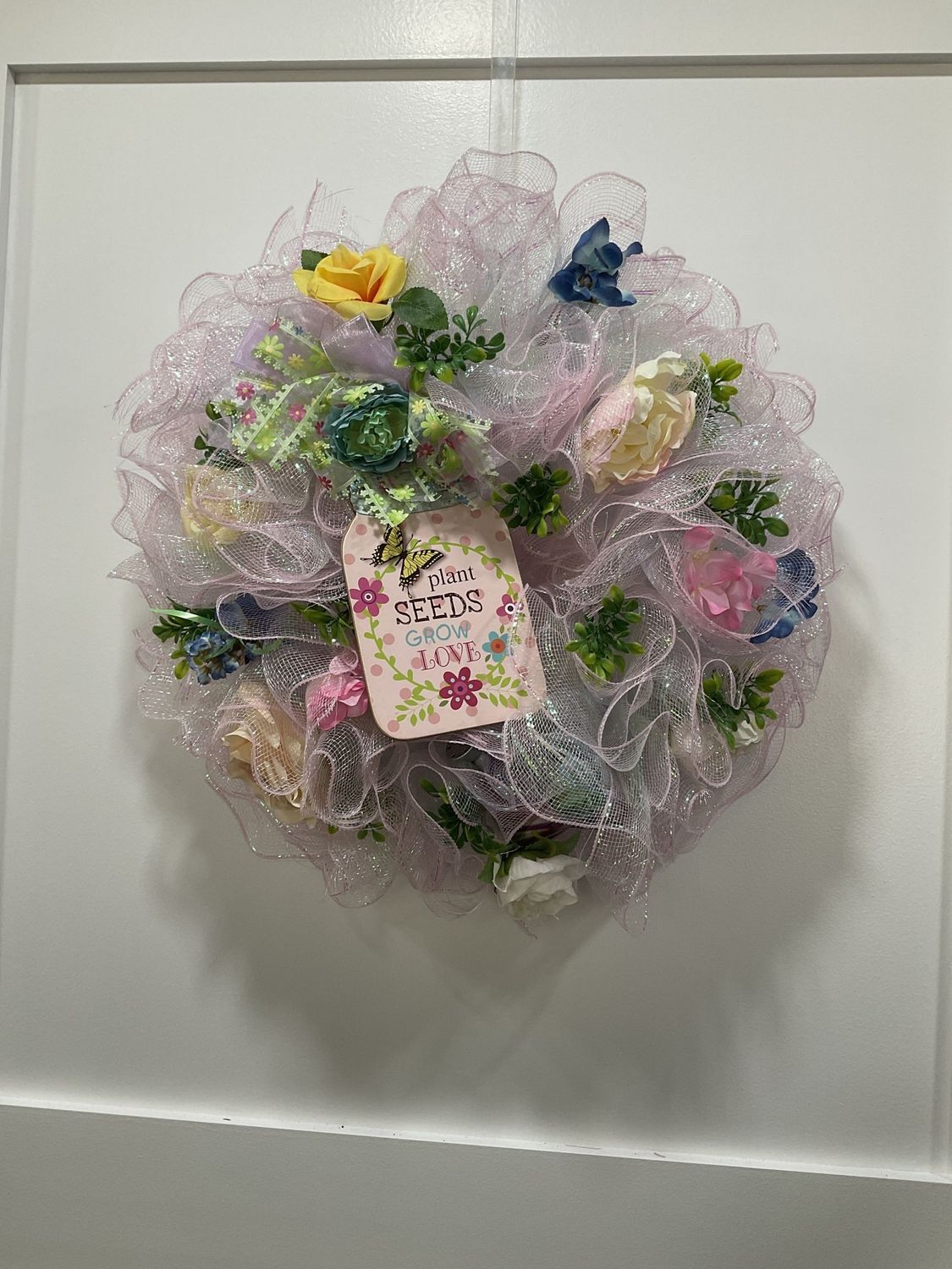 Wreath Mesh 24 in-Pink Glitter &quot;Plant Seeds Grow Love&quot; w/Multi Flowers