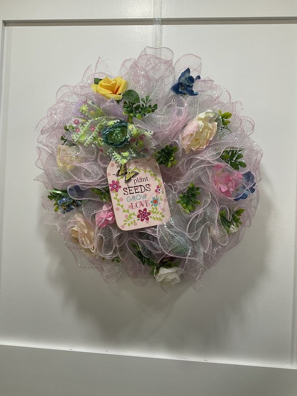 Wreath Mesh 24 in-Pink Glitter &quot;Plant Seeds Grow Love&quot; w/Multi Flowers