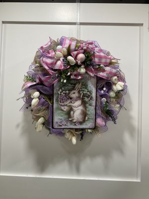 388 Wreath Mesh 24 in-Purple Bunny &quot;Easter Greetings&quot; w/White Tulips and Pink Check Ribbon