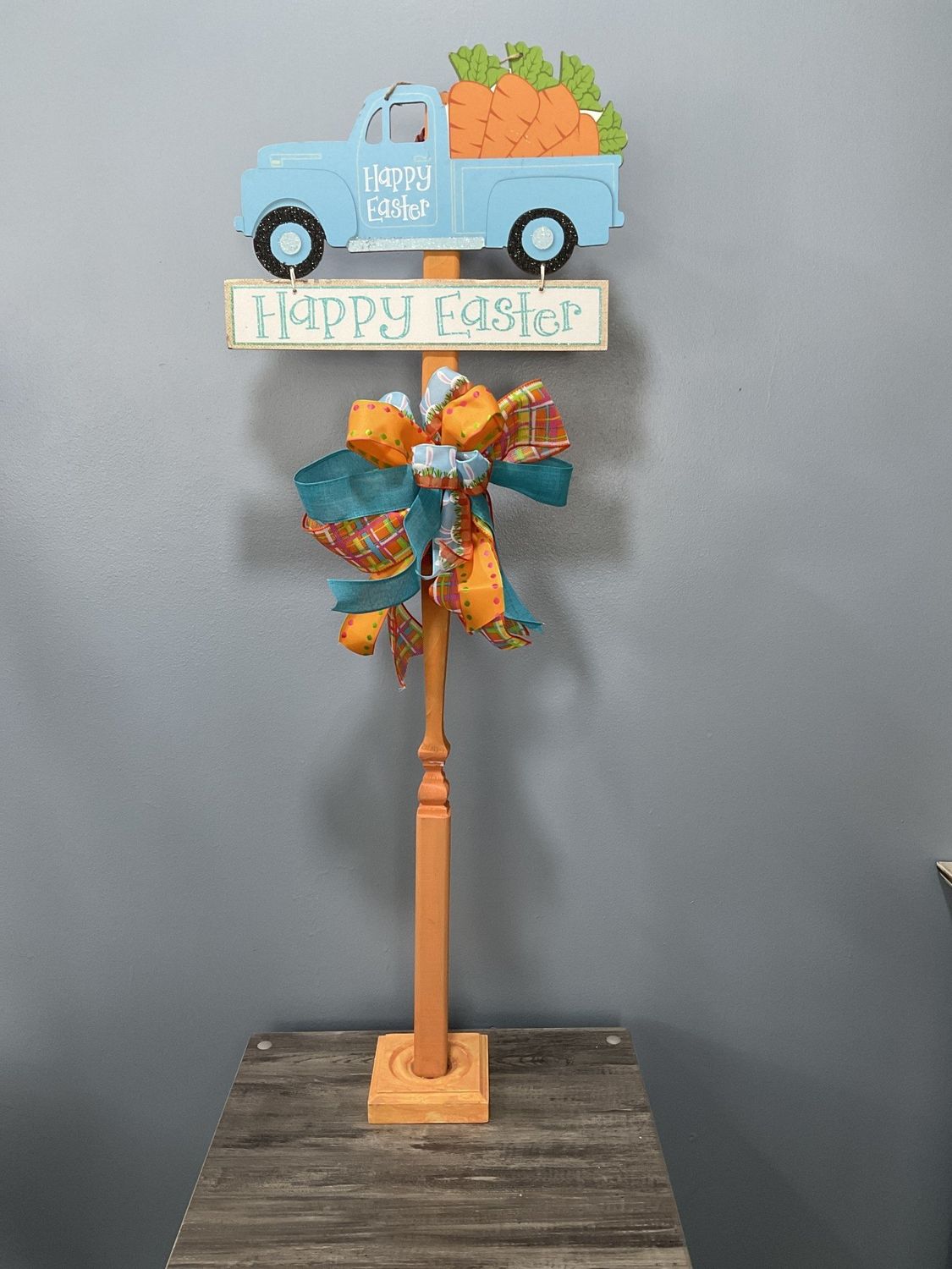 619 Standing Sign 38 in-Orange w/Blue &quot;Happy Easter&quot; Truck and Blue and Orange Plaid Ribbons