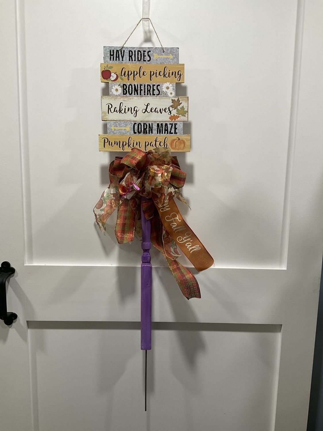1831 Stake Sign 36 in-Purple &quot;Hay Rides Apple Picking&quot; w/Burlap Pumpkin Ribbon