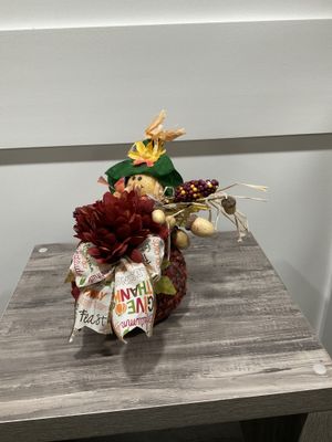 Pumpkin Styrofoam 6x11 Red Tweed w/Scarecrow and Red Flower