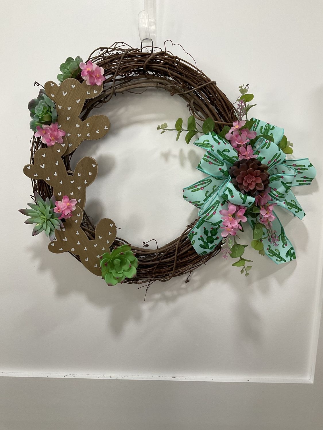 Grapevine Wreath with Cactus, Dark Pink Flowers and Cactus Ribbon